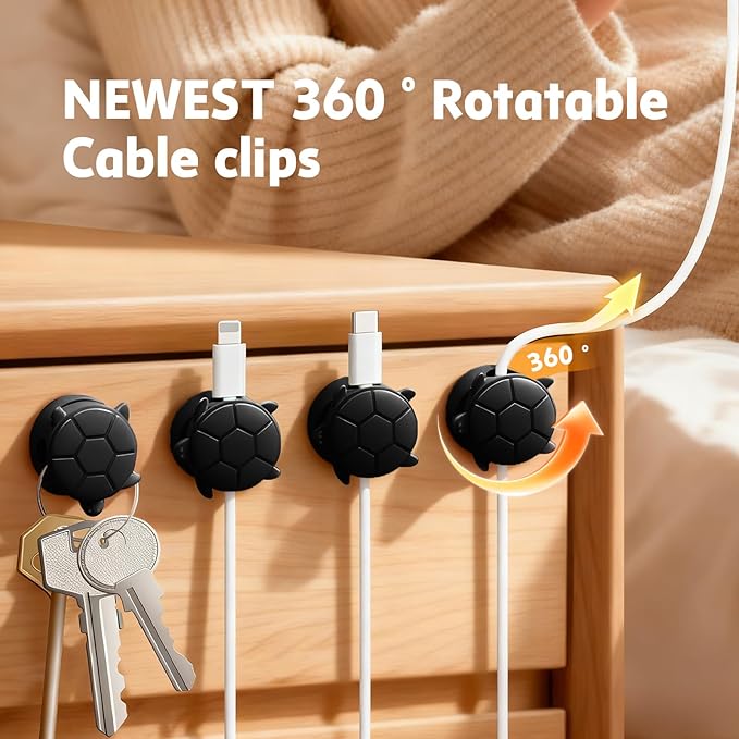 Lancord 8 Pack Rotatable Cable Clips, Cord Organizer Spring Clip Cord Holder for Nightstand Charging Cable Organizers Cable Management for Desk Office Car Wall (Black)