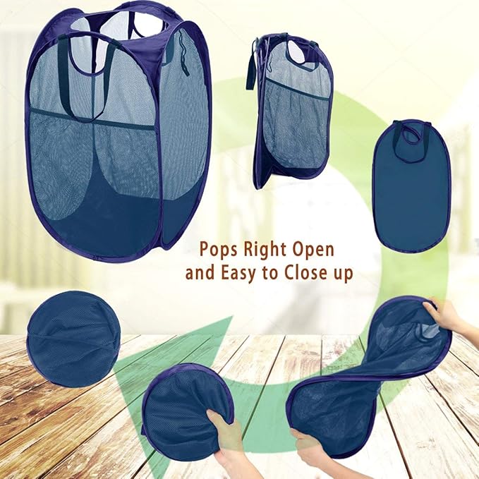 HOUSE AGAIN 2 Pcs Pop Up Laundry Hamper, Strong Mesh Laundry Baskets Collapsible, Hamper with Handles and Side Pocket, Portable Foldable Dirty Clothes for Dorm, Laundry room and Travel Storage, Blue