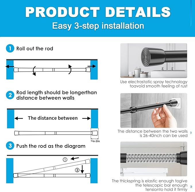 2Pack Tension Curtain Rod 26-39 inch Spring Tension Rod Black Curtain Rod Adjustable Spring Rod Extendable Tension Rod for Kitchen, Bathroom, Window, Bookshelf,Closet.