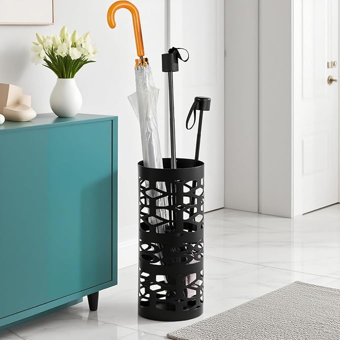 ZENFUN Umbrella Stand, Black Metal Umbrella Holder Freestanding, Cane Walk Stick Holder, Round Umbrella Rack for Entryway, Home, Office, 5.9 x 5.9 x 15.7 Inches