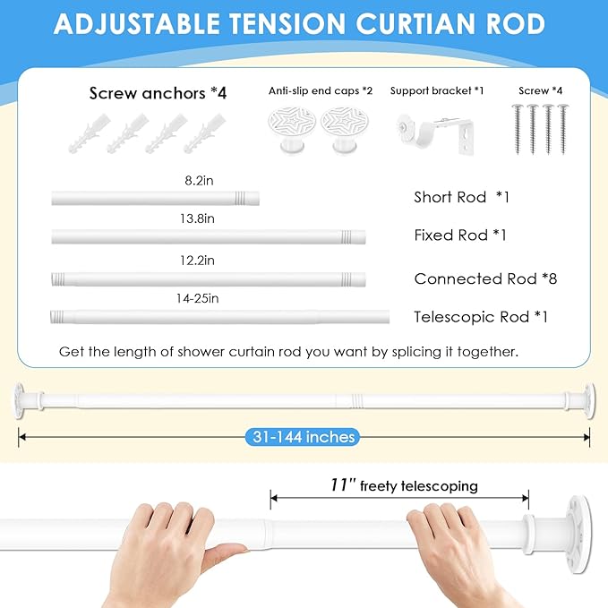 Outdoor Curtain Rod 31-144 inch Adjustable Long Spring White Shower Tension Curtain Rod Extra Long Outdoor Rods for Patio Bathroom Windows No Drilling, No Rust