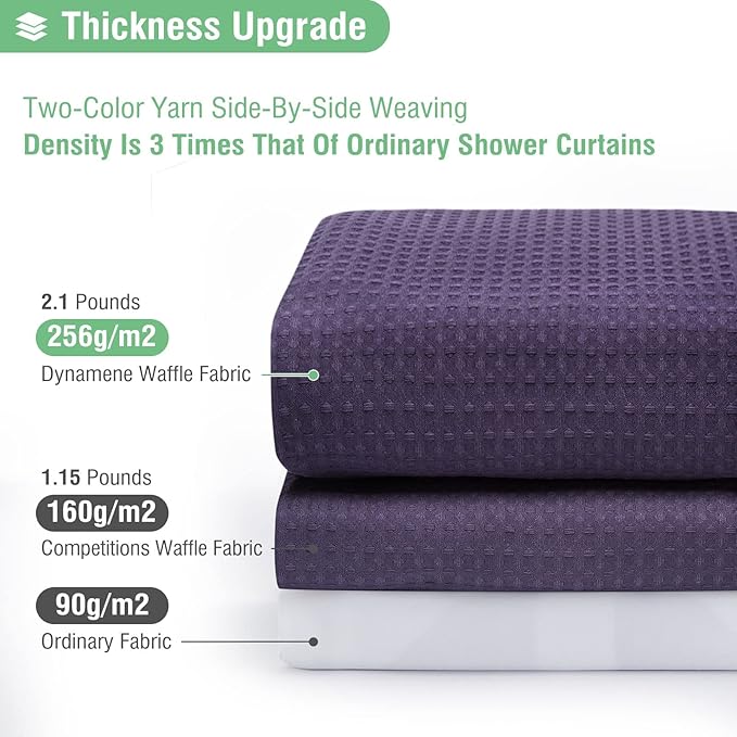 Dynamene Extra Long Shower Curtain and Liner Set - 84 inch Tall Waffle Fabric, Waterproof Clear Liner, Heavy Duty Weighted Hotel Luxury Cloth Shower Curtains for Bathroom with 12 Hooks, 72x84, Purple