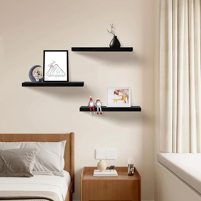 Upassion Floating Shelves for Wall Set of 3, 16" Black Wall Shelves for Home Decor, Frame Display Floating Shelf for Living Room, Bedroom, Bathroom, Kitchen