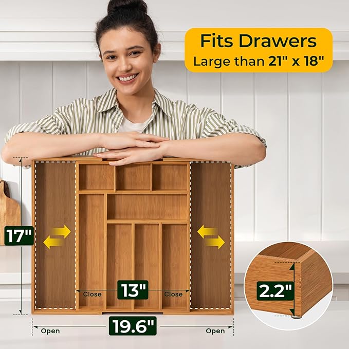 6-Piece Bamboo Drawer Organizer Set, 2.2" Deep Multi-Use Organizers for Utensils, Silverware, Cutlery, Desk, Bathroom, Junk Drawer & Makeup, Non-Slip Feet Included.