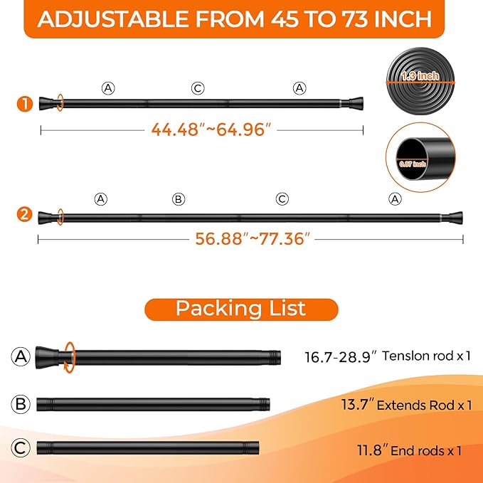 2Pack Spring Tension Curtain Rod 45 to 76 Inch 7/8" Diameter Adjustable No Drilling Black Shower Curtain Rods for Window Doorway Closet Door Kitchen Bathroom