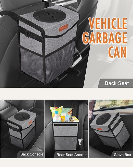 Pritent Car Trash Can with Lid, Cute Leakproof Car Trash Garbage Bag Hanging Vehicle Trash Bin Small Portable Automotive Garbage Cans Organizer for Back/Front Seat/Console(2.8 Gallons,Grey)