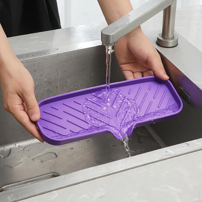 MicoYang Silicone Soap Dish with Drain Spout — Self-Draining Double Sink Organizer Tray for Kitchen & Bathroom, Dispensers, Sponges & Soap Holder, Non-Slip & Dishwasher Safe, Purple (Large, 12"×4")