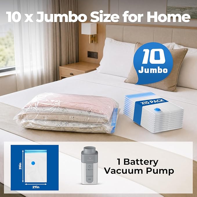 ETENWOLF 10 Pack Jumbo Vacuum Storage Bags with Rechargeable Wireless Pump, Vacuum Seal Bags for Clothes and Travel, Space Saver Compression Bags for Bedding, Blankets and Comforters(39.4 x 27.6 in)