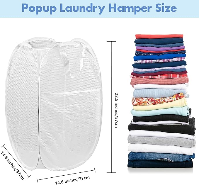 DUCOO Pop Up Laundry Hamper, 70L Collapsible Mesh Laundry Basket with Side Pocket, Foldable Dirty Clothes Hamper with Sturdy Reinforced Handles for Home Dorm Bedroom Travel Storage, White, 2Pack