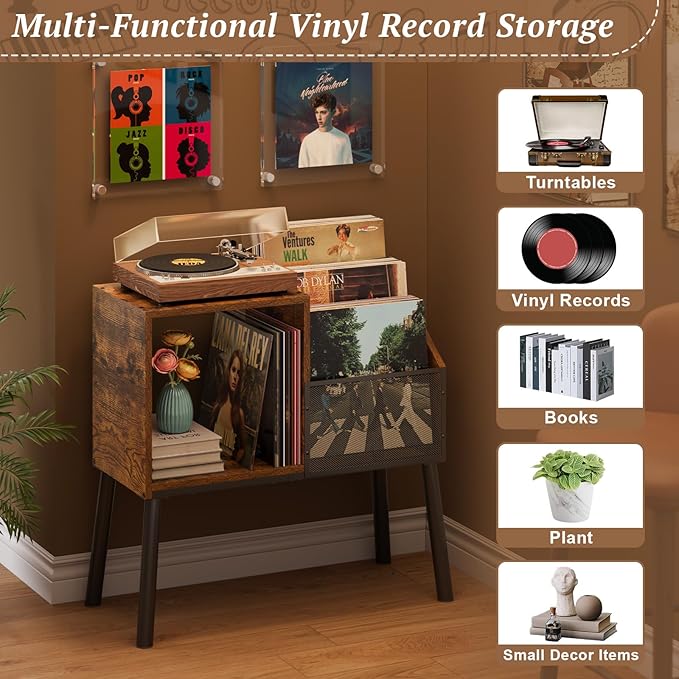 Record Player Stand with Storage, 3-Tier Step Vinyl Record Storage Holder up to 200 Albums, Small Vintage Record Player Table, Turntable Stand Recordsfor Living Room, Bedroom