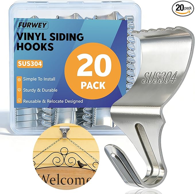 FURWEY 20 Pack Vinyl Siding Hooks, No Hole Vinyl Siding Clips, Heavy Duty Stainless Steel, for Outdoor & Festive Decoration