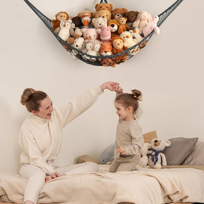 Stuffed Animal Storage Hammock Net Corner - Large Toy Hammock Net for Stuffed Animals Room Decor - Cute Stuff Animal Organizer Holder for Plush Plushie - Kids Baby Nursery Wall Bedroom Home Decor
