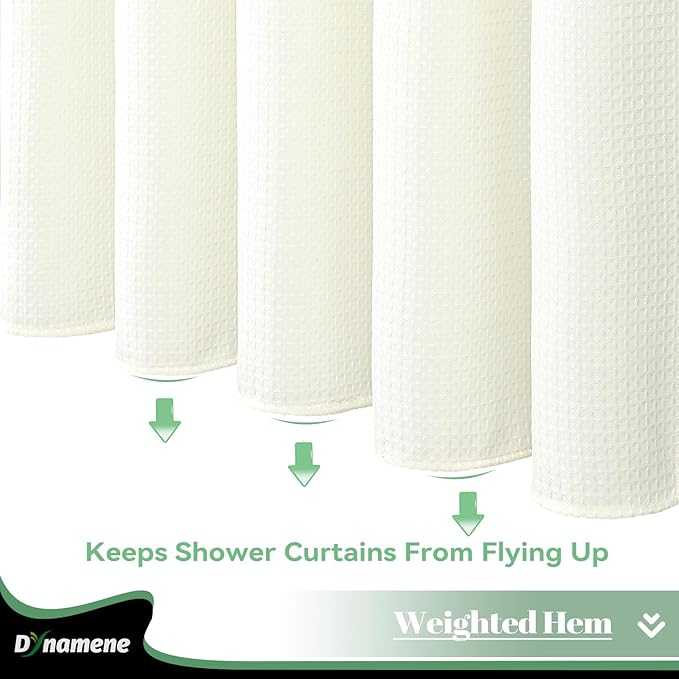 Dynamene Fabric Shower Curtain with Snap in Liner, Cream Waffle Hotel Shower Curtains for Bathroom, Washable Waterproof Cloth Shower Curtain Liner Set with Plastic Hook, Mesh Top Window, 72x72, Cream