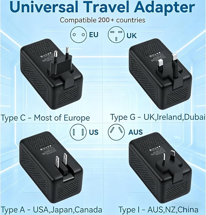 220V to 110V Voltage Converter US to Europe for Hair Dryer, Upgrade 2000W Power Converter for European Travel with Type C A G I, International Universal Travel Adapter with 1 USB A & 3 Type C (Black)