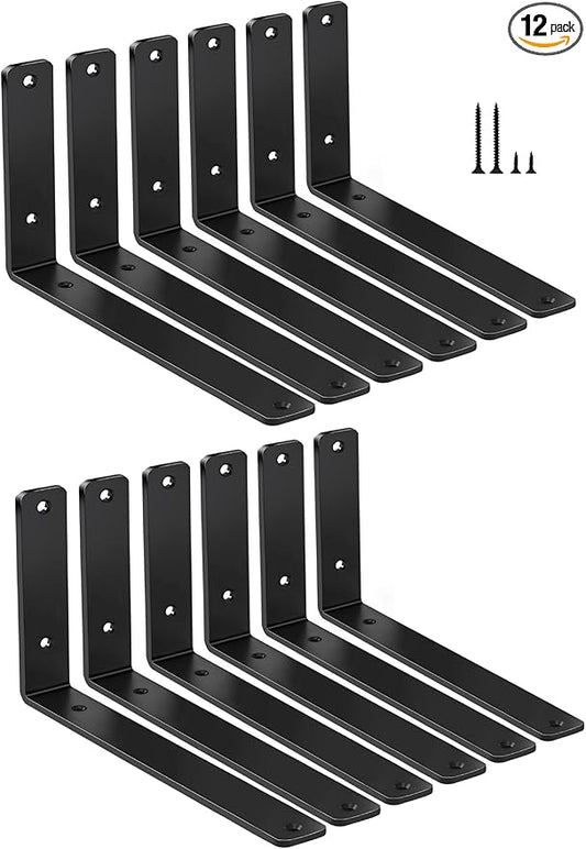 12 Pack - L 11" x H 6" x W1.5, 5mm Thick Black L Shelf Bracket, Iron Shelf Brackets, Metal Shelf Brackets, Floating Shelf, Shelf Supports with Screws