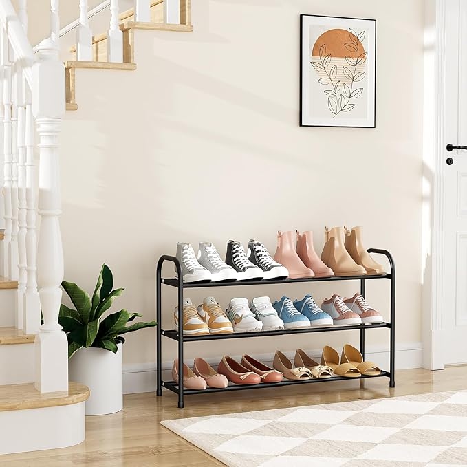 Expandable Shoe Rack for Closet, 18"-32" Metal Shoe Rack for Entryway 3-Tier Adjustable Width Free Standing Shoe Shelf 12 Pairs Small Shoe Organizer for Front Door Garage Bedroom Dorm, Black
