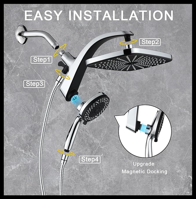 BOZYBO Rain Shower Head with Handheld: High Pressure Shower Heads with Handheld Spray Combo, 12" Rainfall Shower Head and 9 Sprays Hand Showerheads with Magnetic Docking and Power Jets, Chrome 2.5GPM
