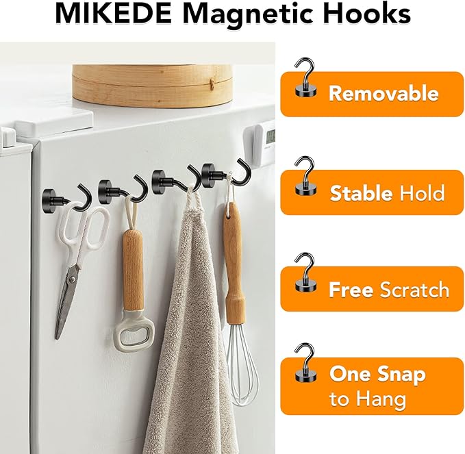 MIKEDE Black Magnetic Hooks 30Lbs Heavy Duty Earth Magnets with Hooks for Cruise Cabin Strong Magnet Hooks for Hanging Super Metal Magnetic Hanger for Grill Fridge Kitchen - Pack of 35
