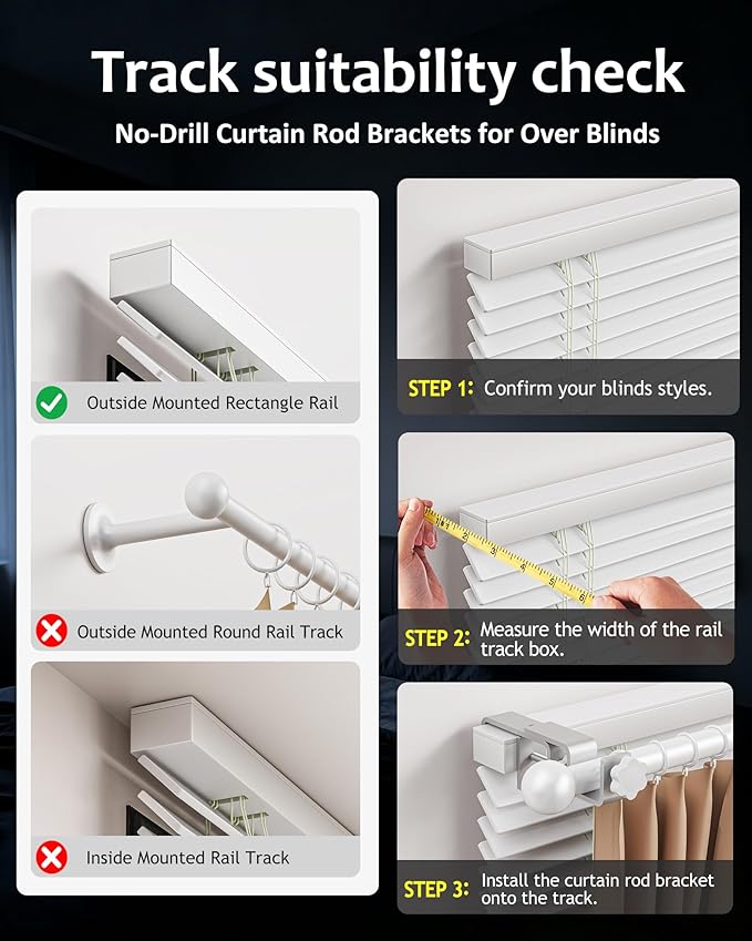 Mimiio No Drill Curtain Rod Brackets for Outside-Mount Blinds, Tool-Free Over-Blind Curtain Rod Holders, Fits 1-2" Rectangular Headrails, No Wall Damage, Renter Friendly Window Hardware, 3 Pack,Silver