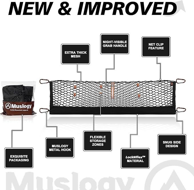 Muslogy Truck Bed Cargo Net Trunk Netting Compatible with Chevrolet Colorado & GMC Canyon 2026 2025 2024 2023 Accessories, Pickup Cargo Organizer SUV Sedan Storage Net w/Heavy Duty Carabiners