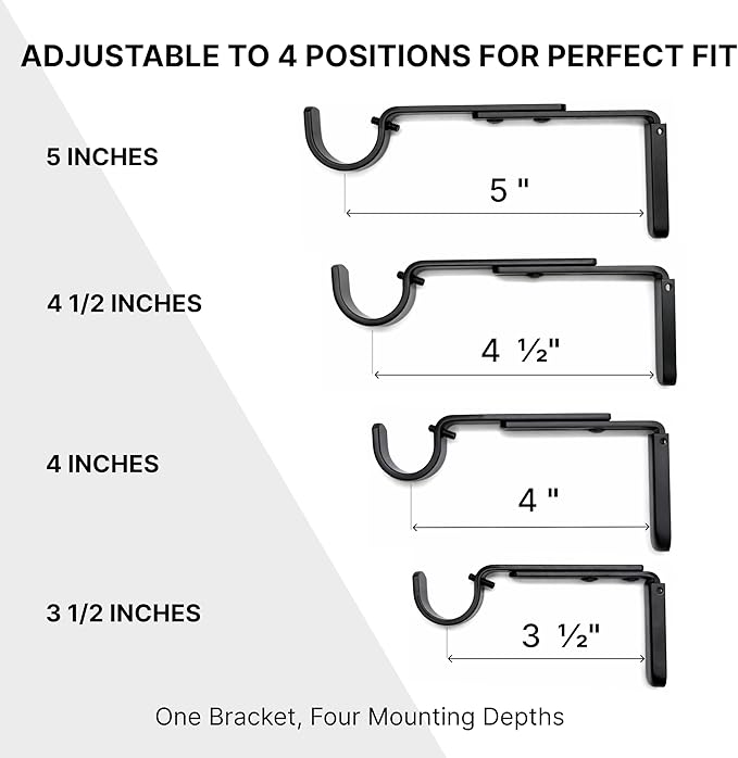 Adjustable Curtain Rod Brackets for Wall with Magnetic Cover, 5 inch Long Heavy Duty Curtain Rod Holders Extended Brackets, Window Hardware Holders Adjustable Mounting Hardware Support Black Set of 3