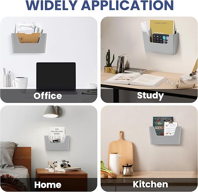 JOMOLA No Drilling File Holder 3 Pack Mail Organizer Wall Mount File Organizer Holder Office Wall Hanging Files Magazines Organizer Plastic Door Mount Wall Pocket with Adhesive Pad, Grey Color