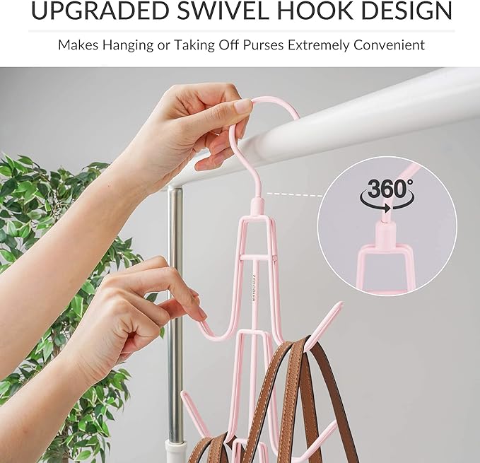 ZEDODIER Purse Organizer for Closet, Heavy-Duty Hanging Purse Hanger Closet Holds Up to 6 Purses, Metal Rotating Space Saving Bag Holder Handbag Storage Hook Backpack Rack, Pink