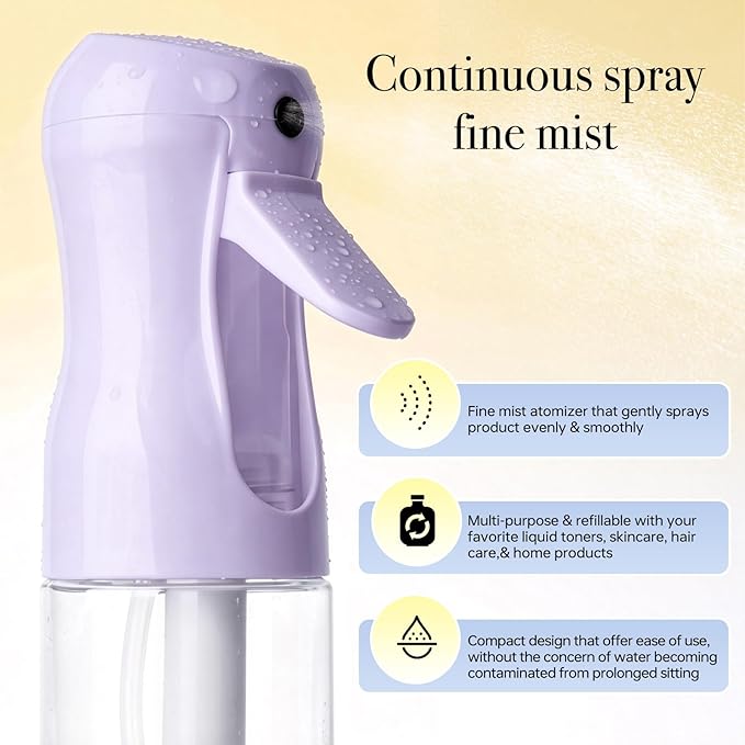 3Pcs Continuous Spray Bottles For Hair,Ultra Fine Mister for Hair Styling, Plants, Cleaning, Salon, Misting & Skin Care (200ML Green+Pink+Purple)