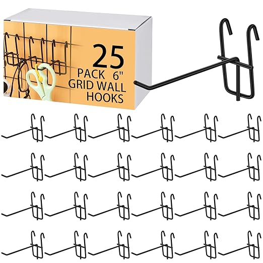 Moxweyeni 6 Inch Grid Wall Hooks 25 Pcs Gridwall Panel Hooks Store Garage Wall Mount Organizers Storage Grid Display Hangers for Retail, Craft Show, Home Setup, Customized Display (Black)