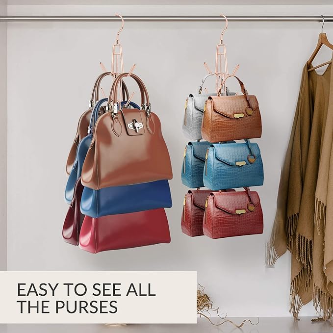ZEDODIER Purse Organizer for Closet, Heavy-Duty Hanging Purse Hanger Closet Holds Up to 6 Purses, Metal Rotating Space Saving Bag Holder Handbag Storage Hook Backpack Rack, Rose Gold