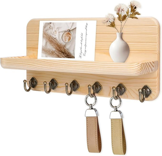 Key Holder for Wall, Mail Organizer Wall Mount with 6 Hooks Wooden Hanging Key Rack for Home Decor, Hallway, Entryway (Wood Color)