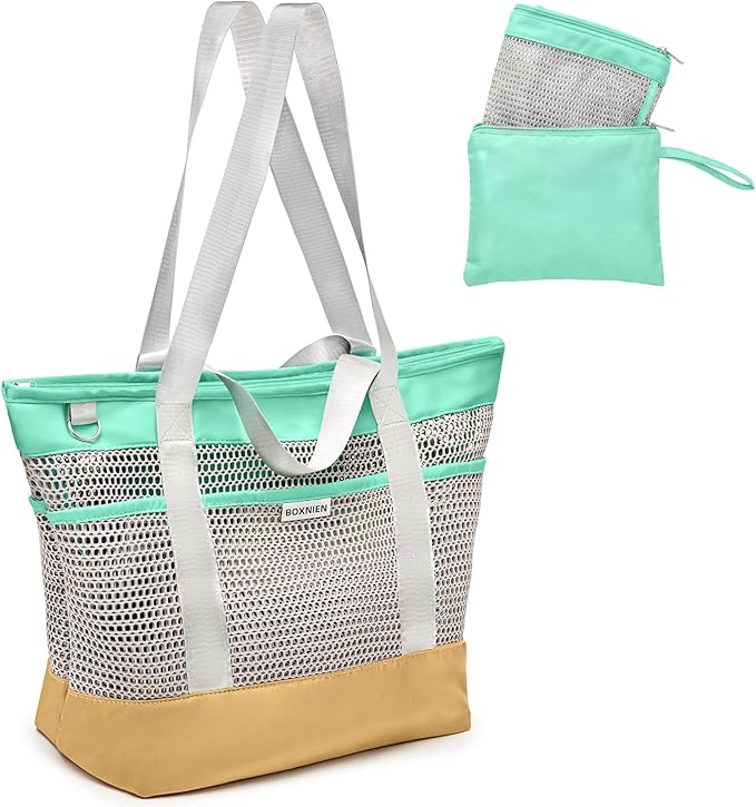 Mesh Beach Bag for Women - Large Foldable Tote with Waterproof Sandproof Bottom plus Zippered Top and 7 Pockets Lightweight Packable Pool Bag for Swim Cruise Travel and Vacation