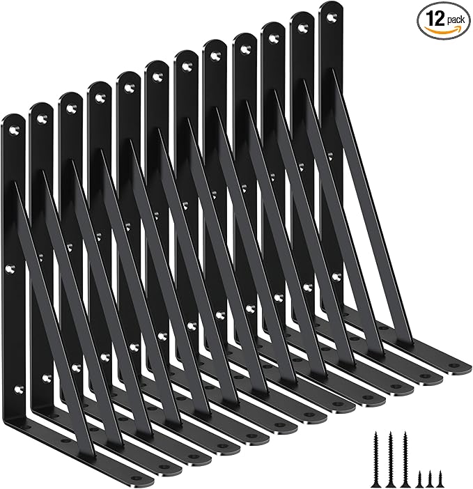 12 Pack L11 x H 8" Black Heavy Duty Shelf Brackets with Screws Metal Shelf Brackets Shelf Support Angle Brackets for Shelves L Brackets Heavy Duty Floating Shelf Brackets