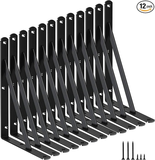12 Pack L11 x H 8" Black Heavy Duty Shelf Brackets with Screws Metal Shelf Brackets Shelf Support Angle Brackets for Shelves L Brackets Heavy Duty Floating Shelf Brackets