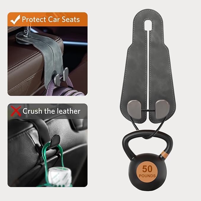 CoBak Purse Hook for Car - Universal Premium Stitched Leather and Aluminum-Magnesium Alloy Double Car Seat Back Storage Hook for Purses, Handbags, Bags (4 Pack),Gray