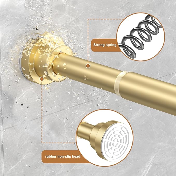 AIZESI Gold Tension Curtain Rod No Drilling 28-50 Inch 1PCS,Spring Tension Rod Non-Slip,Bathroom Shower Rod Non-Rust,Adjusatable Tension Rod For Windows Doorway Curtains