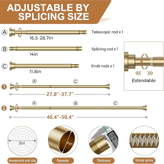 AIZESI Gold Tension Curtain Rod No Drilling 28-50 Inch 1PCS,Spring Tension Rod Non-Slip,Bathroom Shower Rod Non-Rust,Adjusatable Tension Rod For Windows Doorway Curtains