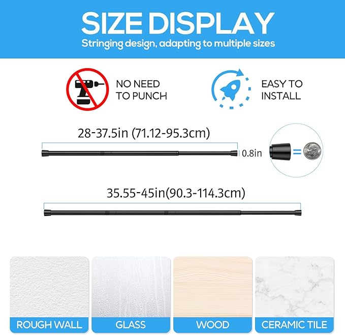 1 Pack Spring Tension Rods 28-45 Inches, 5/8 Inch Diameter Black No Drill Spring Loaded Adjustable Extendable, Small Short Tension Curtain Rod for Windows Kitchen Doorway Closet Cupboard