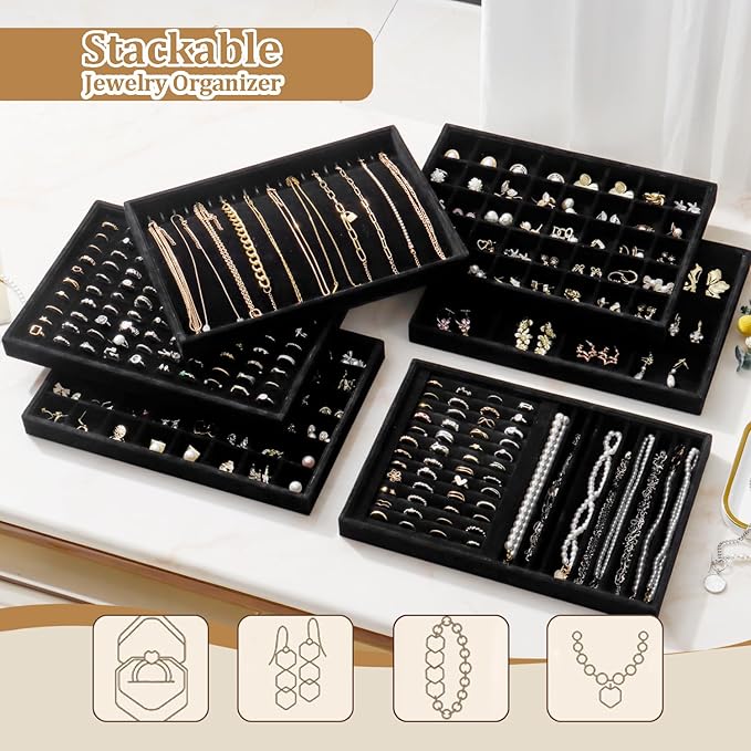Large Velvet Jewelry Tray 2 Pack Stackable Jewelry Display Drawer Inserts Trays Organizer for Earring Bracelet Necklace Ring (Black, 48 Grids)