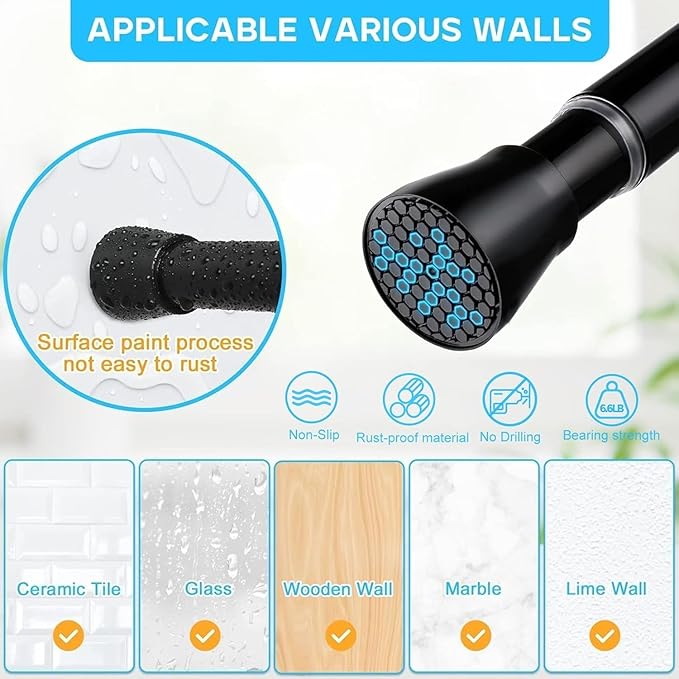 2 Pack Black Shower Curtain Rod 45 to 77 Inch,Shower Rods for Bathroom,Spring Tension Curtain Rod No Drilling for Windows Doors Closet Kitchen Wardrobe