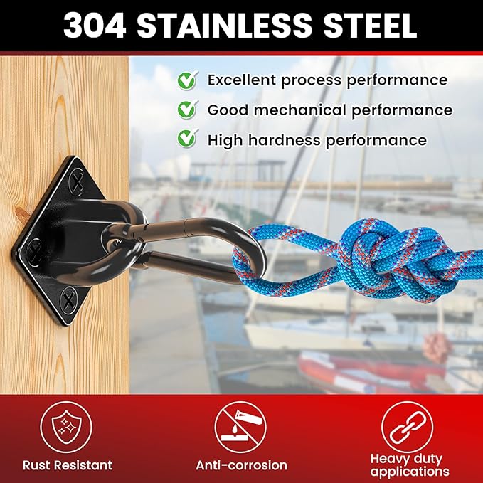 sprookber 304 Stainless Steel Pad Eye Snap Hooks, M6 Heavy Duty Ceiling Hooks, 800 lb Capacity Hammock Swing Hanging kit, Plant Hangers, Marine Hardware Staple Hook Loop with Screws, Set of 8(Black)