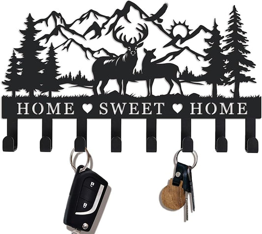 Deer Metal Key Holder for Wall, 14.5" X 9.2", Key Hooks for Wall Organizer, Key Rack, Forest Theme Coat Hat Towel Hooks, Ideal for Living Room, Hallway, Office