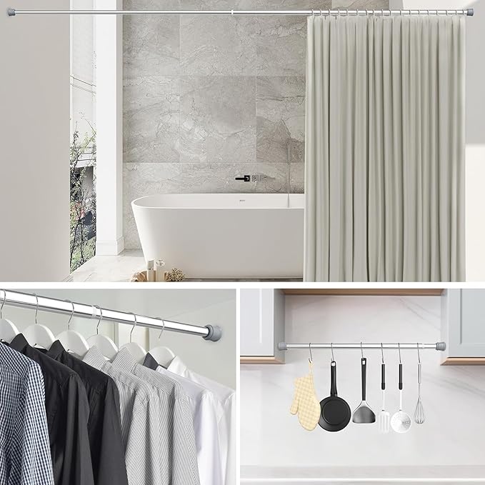 No Sectional Assembly Shower Curtain Rod 28-48 Inch, 1" Diameter Spring Long Adjustable Tension Curtain Rods for Bathroom Windows Closet No Drilling No Rust, Silver