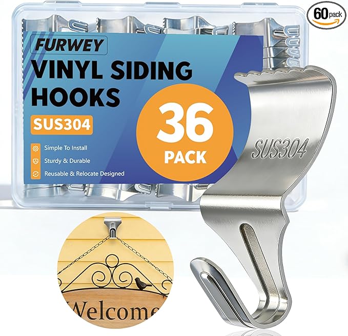 FURWEY 36 Pack Vinyl Siding Hooks, No Hole Vinyl Siding Clips, Heavy Duty Stainless Steel, for Outdoor & Festive Decoration (36P)