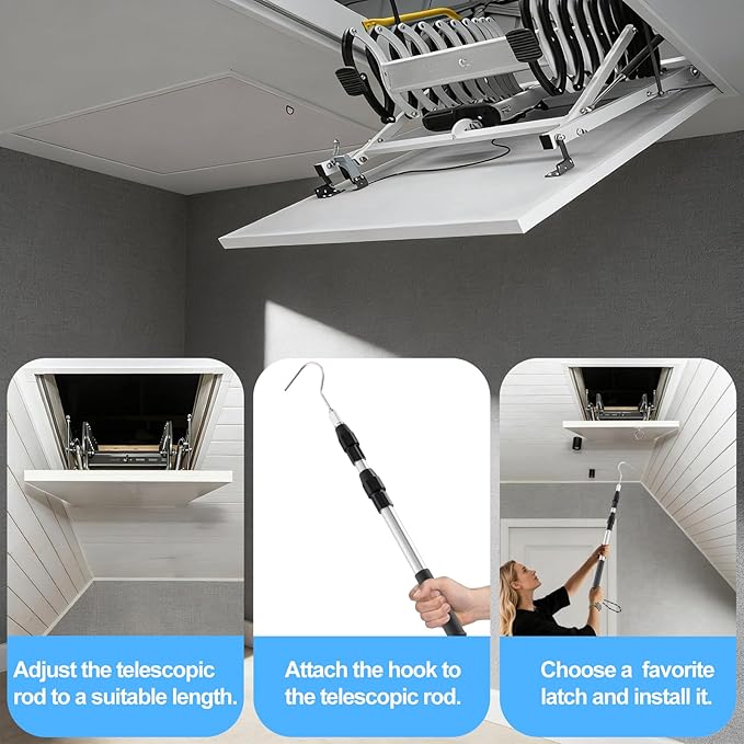 17"-35"Stainless Steel Telescopic Pole with Heavy-Duty Wall Mount Ring & Curved Hook for Attic Stair Pull Down System, Interchangeable Clothes Hook, Easy to Hang Garments, Flower Pots and Bird Feeders