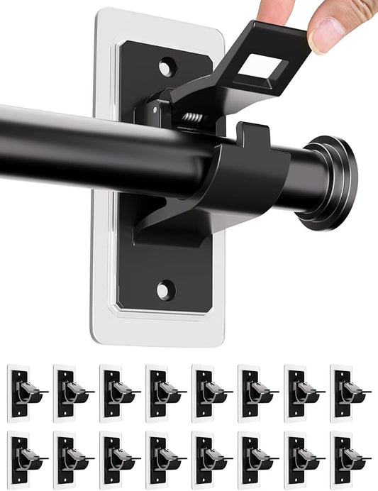 16PCS No Drill Curtain Rod Brackets, Self Adhesive Curtain Rod Holders, No Hole, Multipurpose Curtain Rod Hooks for Bathroom Living Room Kitchen and Bedroom (Black)