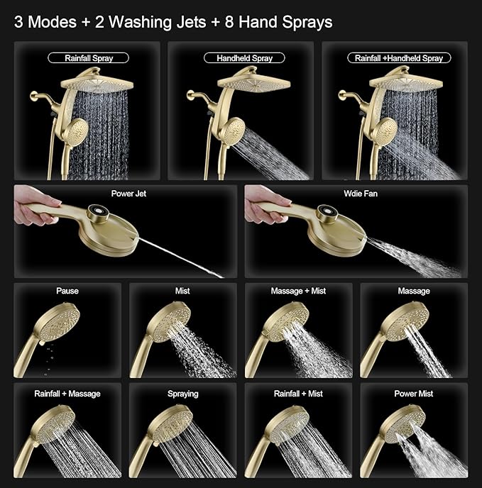 BOZYBO Rain Shower Head with Handheld: High Pressure Shower Heads with Handheld Spray Combo, 12" Rainfall Shower Head and 9 Sprays Hand Showerheads with Magnetic Docking and Power Jets, Gold 2.5GPM