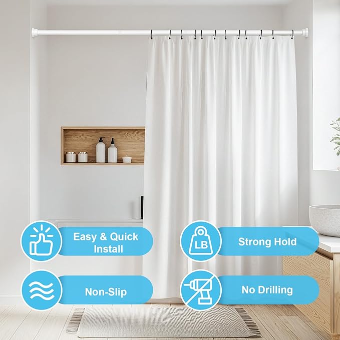 AIZESI White Tension Curtain Rod 30-63 Inch 1PCS, Non-slip Spring Curtain Rod For Windows, No-drilling Adjustable Tension Rod,Non-rust Spring Tension Rod For Doorway Bathroom Kitchen Bedroom