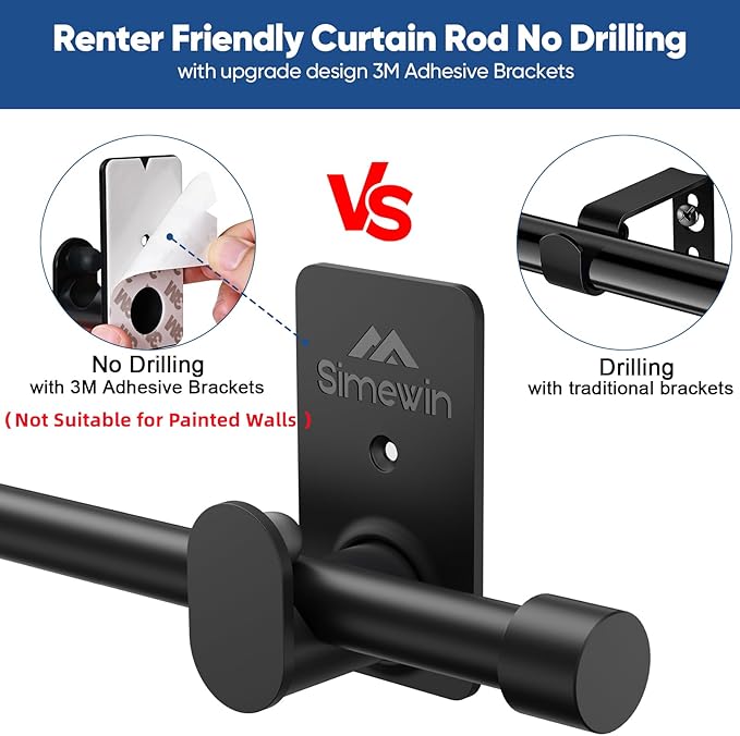 SIMEWIN Curtain Rods No Drilling for Windows 30 to 90 Inches, 5/8 Inch Diameter No Drill Small Curtain Rod Set with 3M Adhesive Brackets, Black