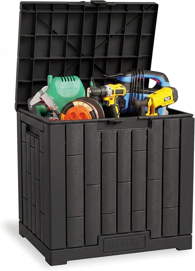 EAST OAK 31 Gallon Outdoor Storage Box, Waterproof Deck UV-Resistant Resin Bin for Patio Cushions, Garden Tools, Pool Accessories & Package, Lockable Wind-Resistant Lid, Steel-Reinforced, Black